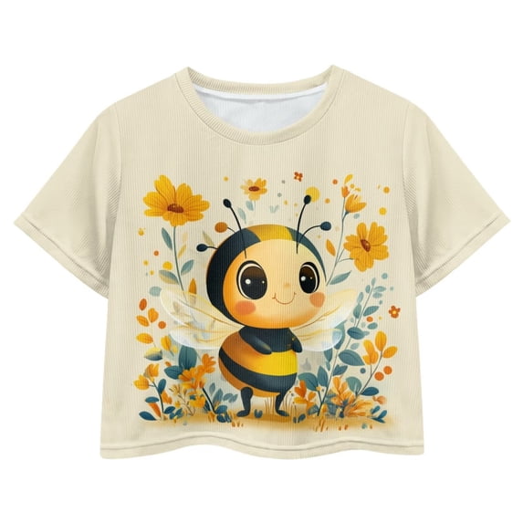Uourmeti Bee Crewneck Short Sleeve T-Shirt for Girls 12.14 Flower Casual Short Crop Top Summer Loose Fit Athletic Pullover Tops