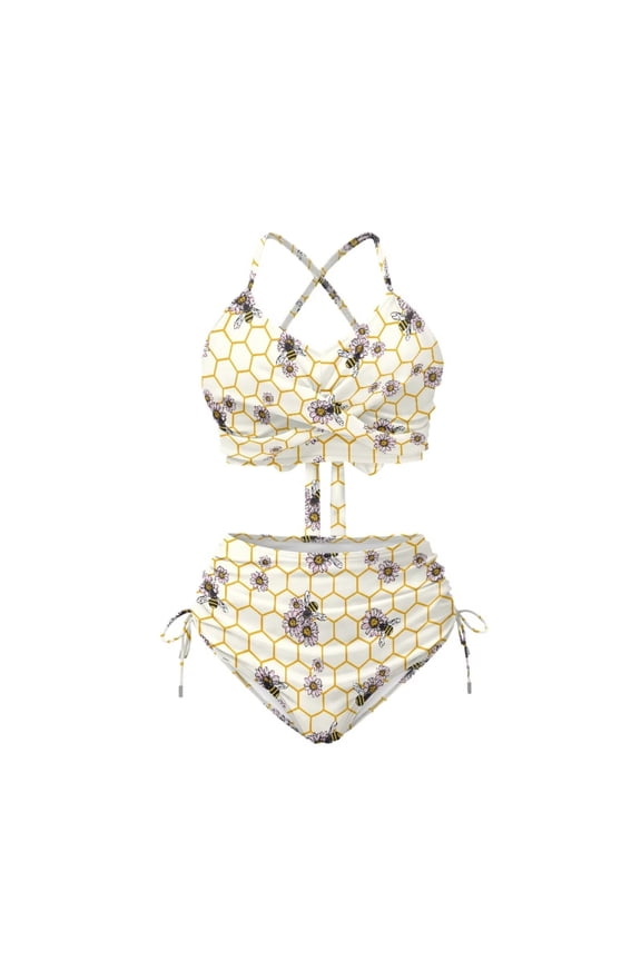 Bee Daisy Geometric Tummy Control Bikini Sets for Women Crisscross Back Tankini Bathing Suit Women's Sexy High Waist Swimwear for Swimming Pool