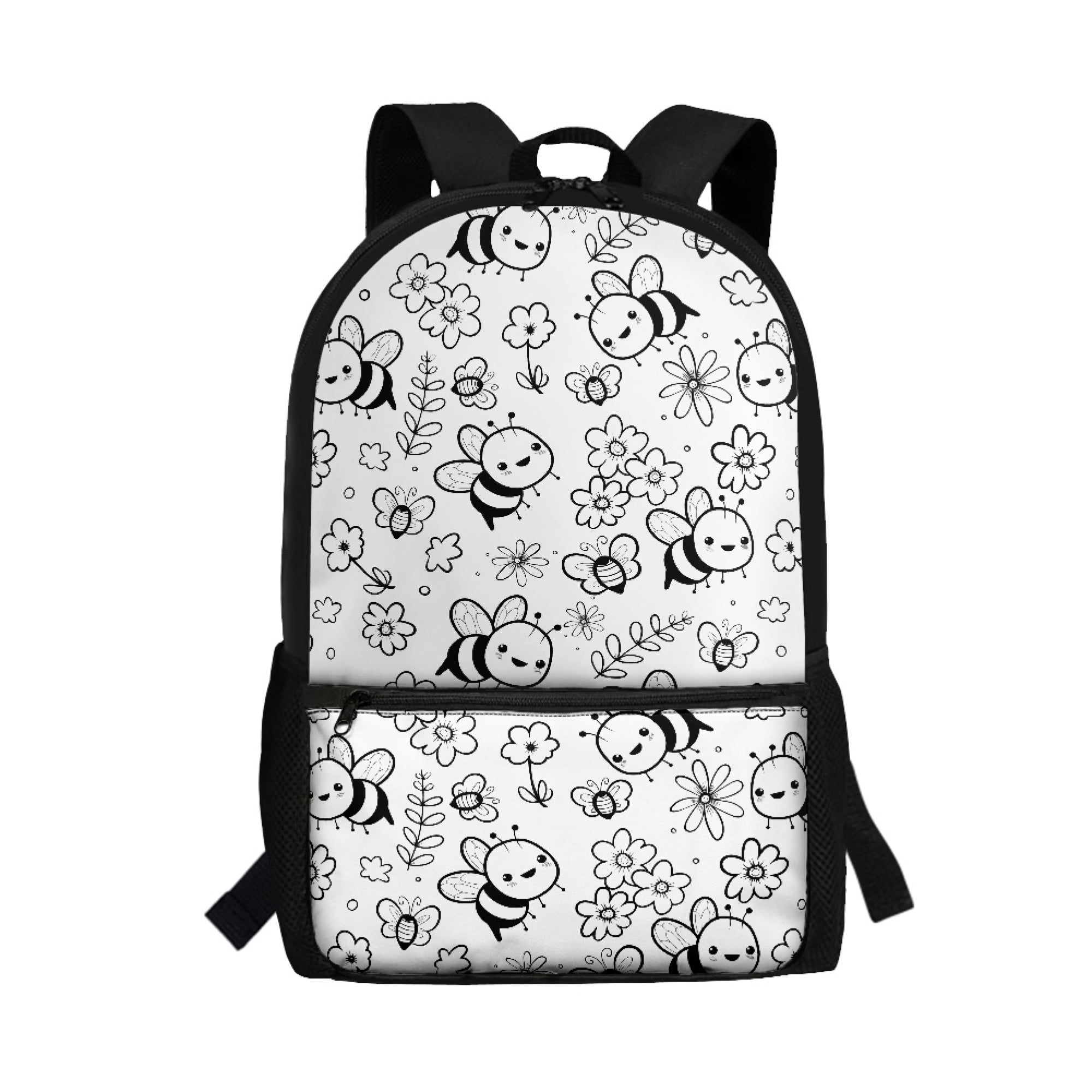 Uourmeti Bee and Flower Pattern Durable Fabric Backpack for Work Hiking, Large Capacity Fashion School Backpack Non Fade Zippered Backpack