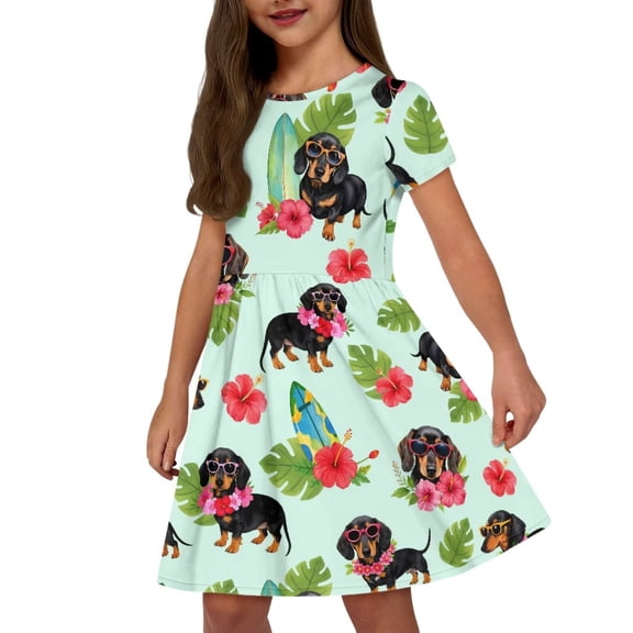 Uourmeti Big Girls Dachshund Dress Size 10-12 Summer Cute Short Sleeve Swing Dresses Hawaiian Hibiscus Soft Crew Neck Midi Dress with Pockets