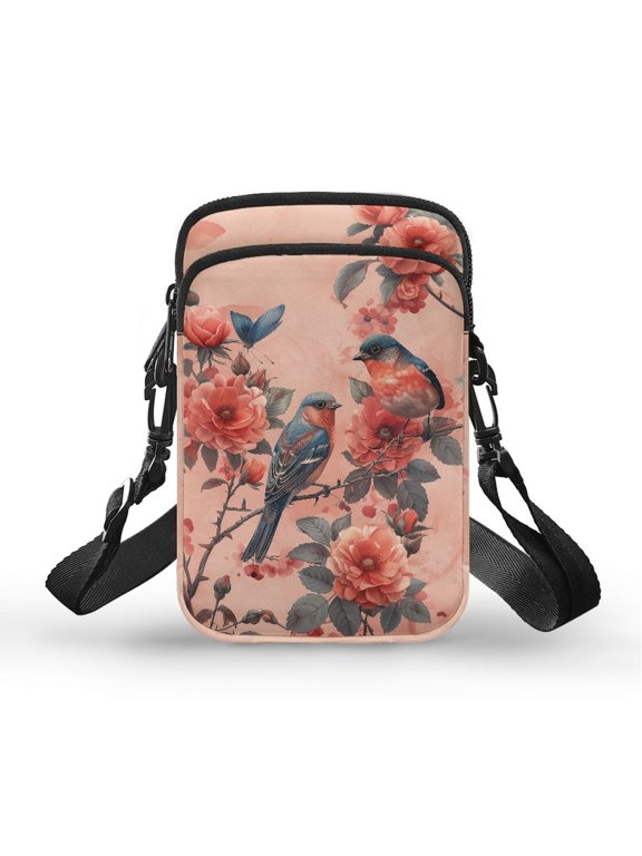Bird Rose Floral Theme Cell Phone Purse, Lightweight Small Purse Portable Mini Phone Purse for Running Outdoor