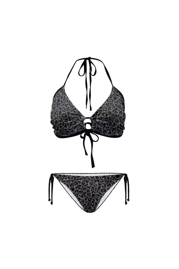 Black Leopard Push Up Bikini Swimsuit for Women 2 Piece V Neck Tie Front Support Low Waisted Bikinis Sets