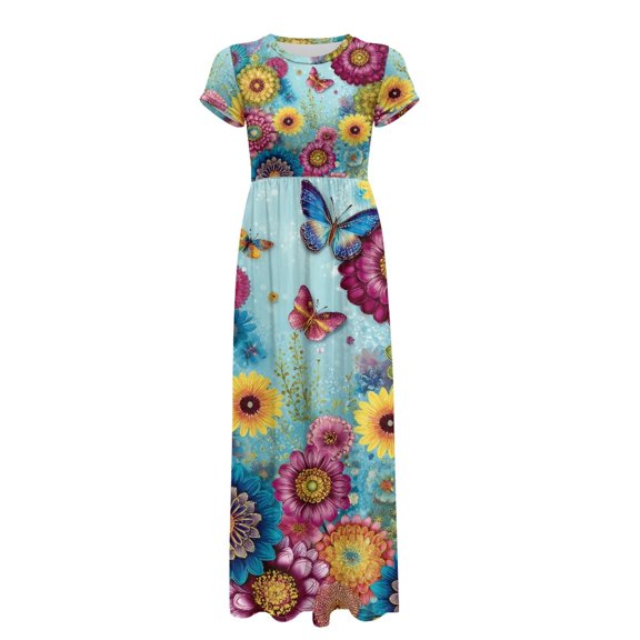 Uourmeti Blue Background Colorful Florals Women Short Sleeve Long Dress, Crew Neck Breathable Polyester and Spandex Blend Short Sleeve Maxi Dress for Party Outdoor