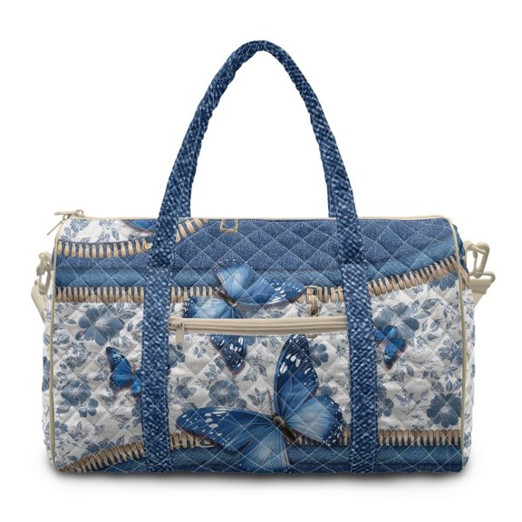 Uourmeti Blue Butterfly Pattern Quilted Duffle Bag, Large Capacity Adjustable Strap Weekender Bag Polyester Fabric Quilted Duffle Bags for Vacation Getaways