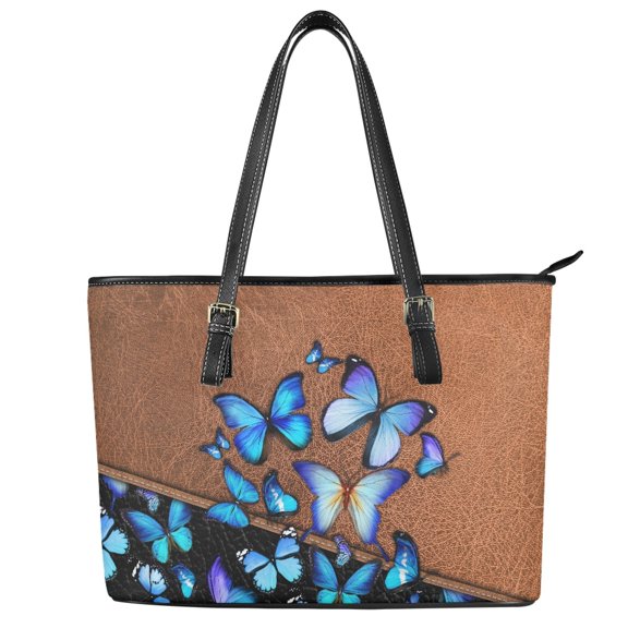 Uourmeti Blue Butterfly Print Handbag, Leather Saddle Handbag for Everyday, Lightweight Waterproof Curved Bag