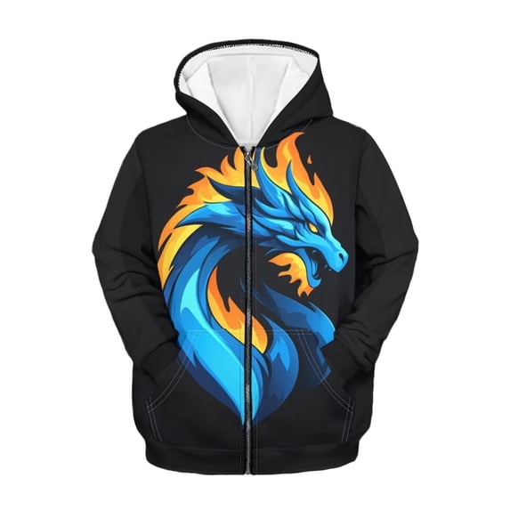 Uourmeti Blue Dragon Flame Boys Casual Zip Up Jacket Hooded Long Sleeve with Pockets Lightweight Sporty Top Kids Size 8-10