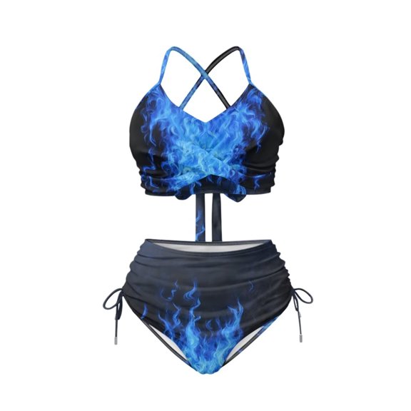 Uourmeti Blue Fire Flame 2 Piece Bikini Set Sexy High Waisted Tummy Control Bathing Suit Crisscross Back Bikini Top for Women Push Up Swimsuit Tie Two Sides Swimsuits Bottom Plus Size Swimwear