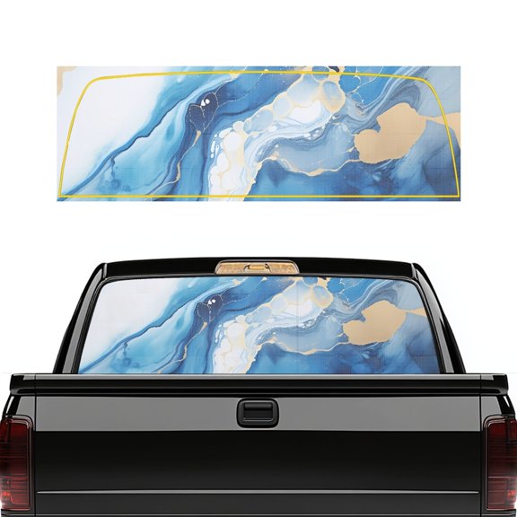 Uourmeti Blue Gold Marble Pattern Truck Back Window Decal 66.9 x 22.4 Inch Truck Rear Window Decal for Most Pickup Trucks, Vinyl Perforated Car Rear Windshield Sunshade