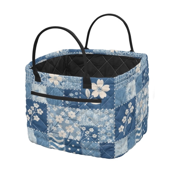 Uourmeti Blue Patchwork Large Capacity Storage Basket, Soft Quilted Laundry Basket Polyester Fabric Storage Hamper for Bedroom