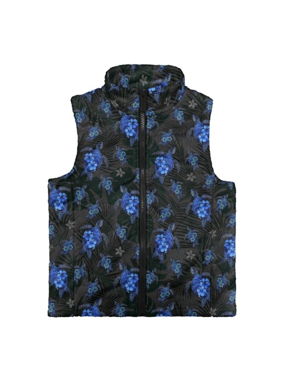 Blue Sea Turtle Floral Kids Full Zip up Vest with Lightweight Polyester, Warm Sleeveless Stand Collar Outerwear for Winter and Fall