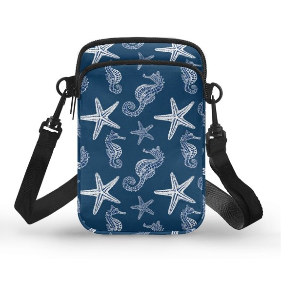 Uourmeti Blue Seahorse Starfish Pattern Crossbody Bag, Lightweight Adjustable Shoulder Strap Cell Phone Purse for Hiking Travel