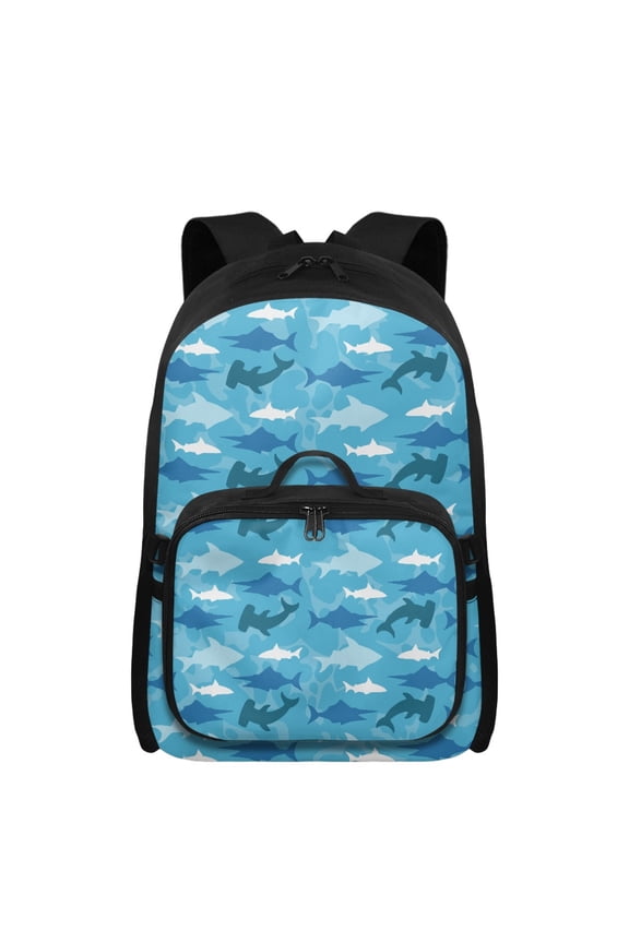 Blue Shark Pattern School Backpack for Girls 8-10,17 Inch Bookbag Front Pocket Knapsack Zippered School Bags with Insulated Lunch Box Attached 2 in 1
