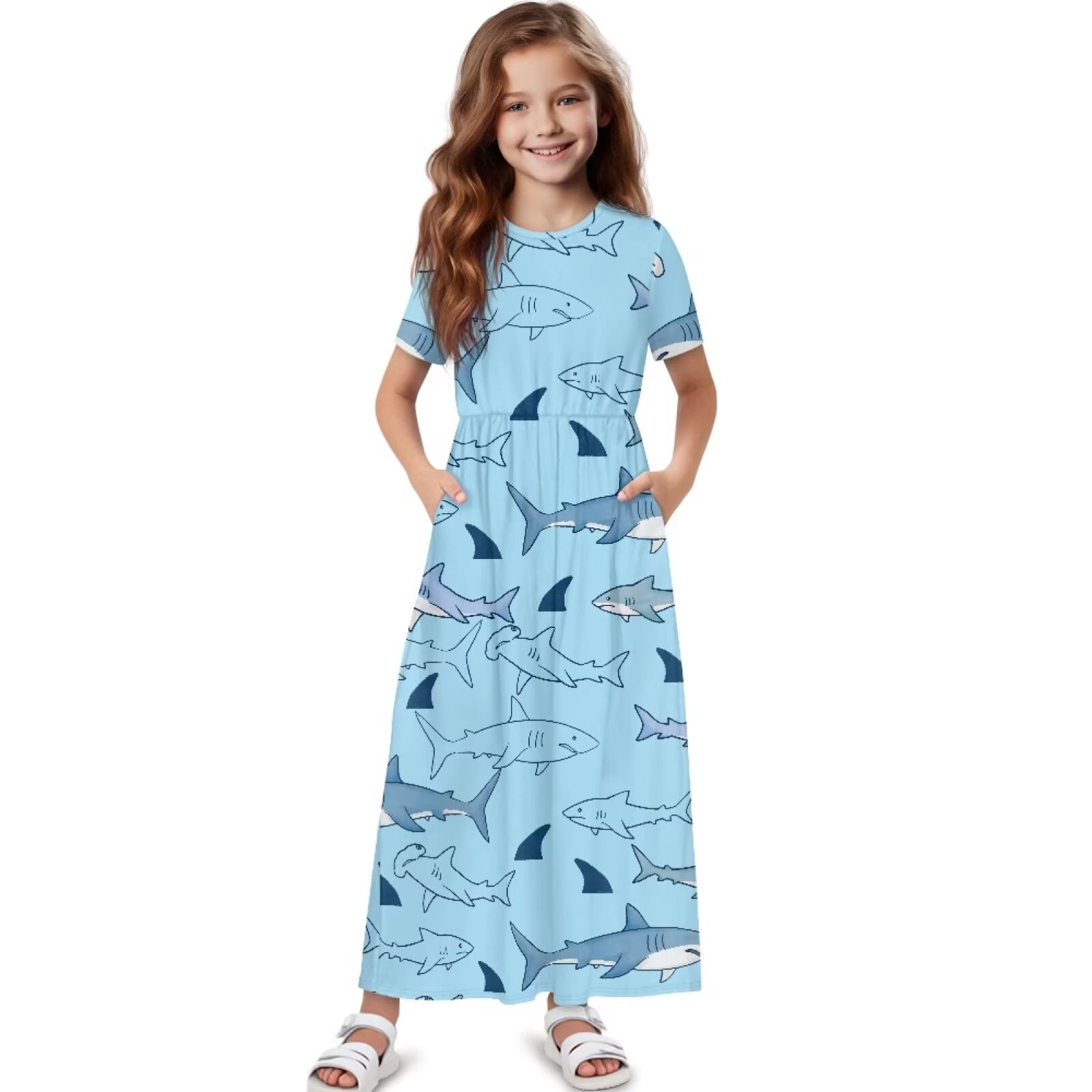 Uourmeti Blue Shark Print Girls Maxi Summer Dress with Pocket Short Sleeve Spring Boho Long Sundress Casual School for Kids, Size 5-6 Years
