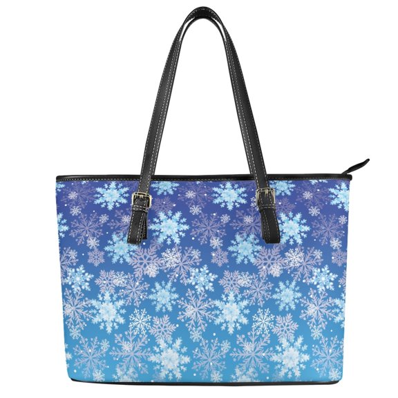 Uourmeti Blue Snowflake Pattern Tote Bag, PU Leather Saddle Handbag for Work, Zipper Casual Slightly Curved Bag