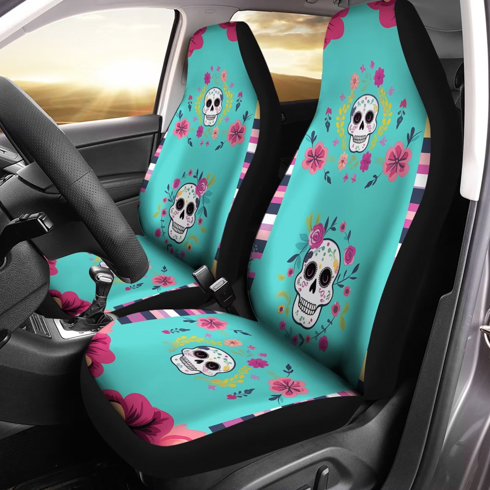 Uourmeti Blue Sugar Skull Floral Print Auto Seat Covers 2pc Set Easy Install Full Wrap Durable Elastic Bucket Seat Covers Elastic Fit Most Vehicle