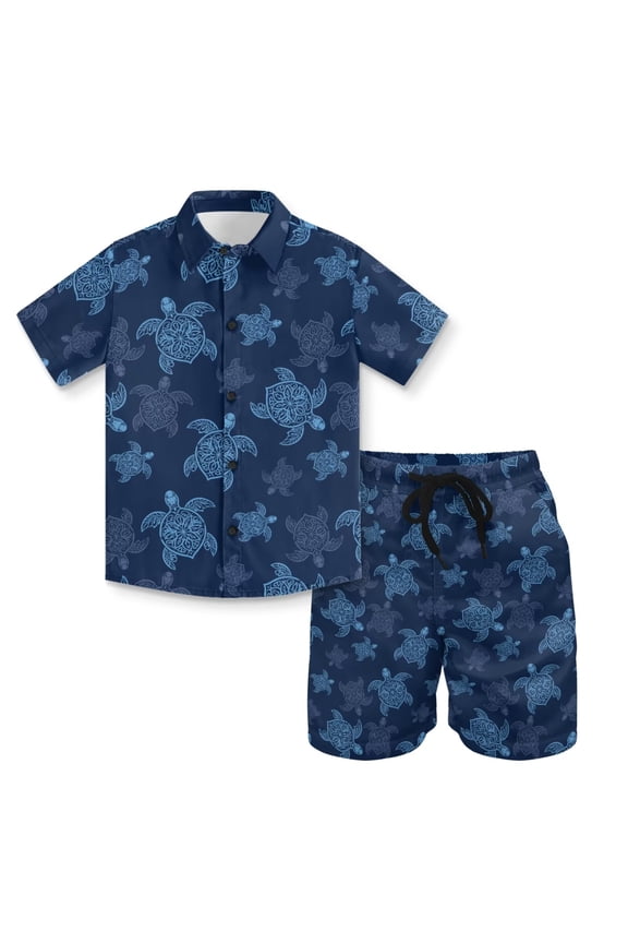 Blue Turtle Short Sleeve Shirt and Shorts Sets for Little Boys Button Down Summer Beach Outfits Two Pieces Holiday Hawaiian Clothes Size 8 Years