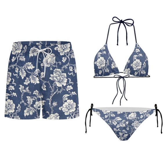 Uourmeti Boho Floral Print Matching Swimsuits for Couples 2 Piece Womens Bikini Set Mens Swim Trunks His and Hers Swimsuits Matching Set for Hawaii Beach