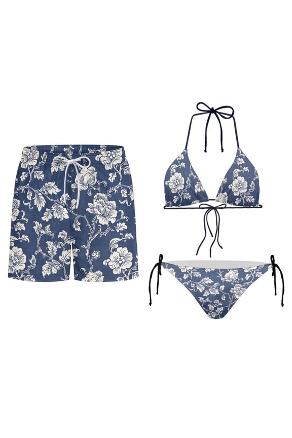 Boho Floral Print Matching Swimsuits for Couples 2 Piece Womens Bikini Set Mens Swim Trunks His and Hers Swimsuits Matching Set for Hawaii Beach