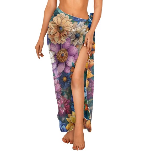Uourmeti Boho Mandala Floral Cover ups for Swimwear Women Sheer Bikini Tie Side Wraps Chiffon Wrap Skirt for Swimwear