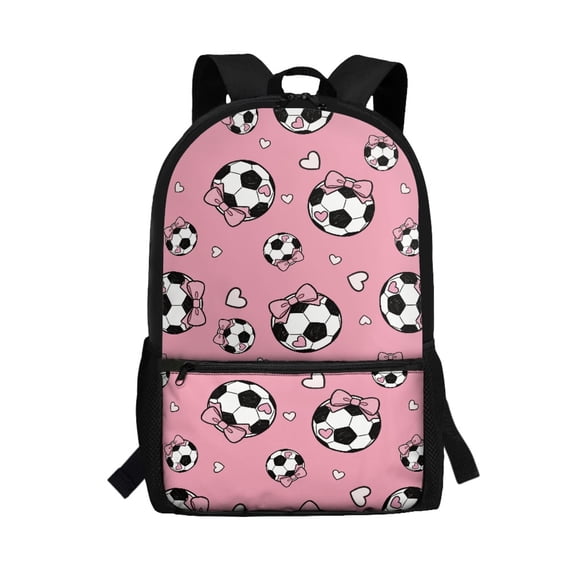 Uourmeti Bow and Soccer Pattern Polyester Backpack, Smooth Zipper School Bookbag 17 Inch Large Capacity School Backpack for Outdoor Travel