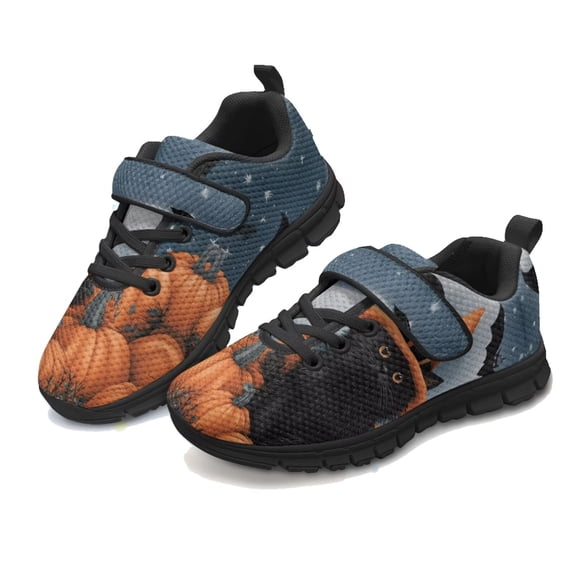 Uourmeti Boys Girls Halloween Shoes Size 2.5 Little Kid Black Cat Pumpkin Mesh Sneaker for Junior Lightweight Breathable Athletic Running Tennis Walking Shoes