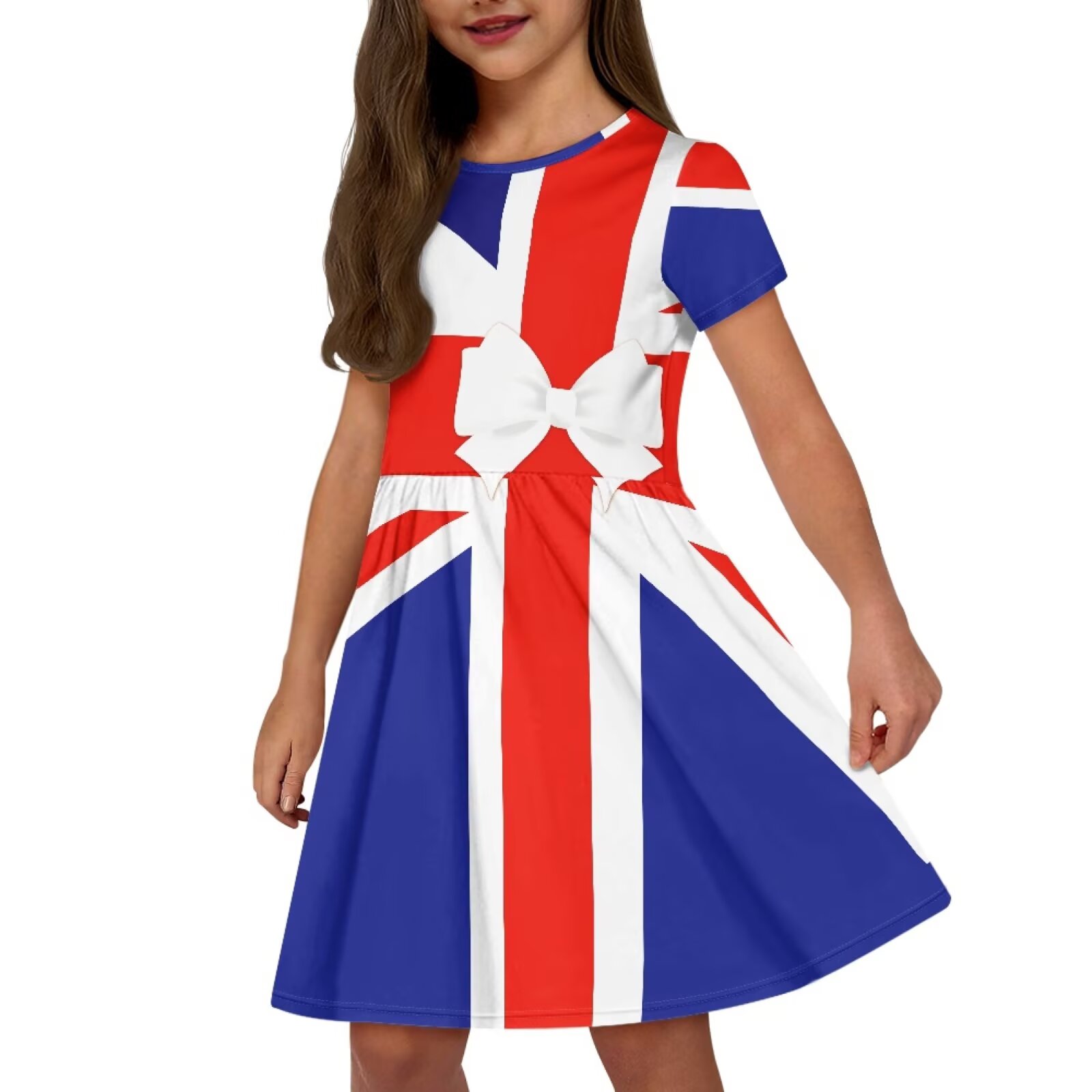 Uourmeti British Flag Patriot Dresses for Girls 2-14Y Soft Short Sleeve Swing Dress Casual Crew Neck A-Line Dresses with Pockets