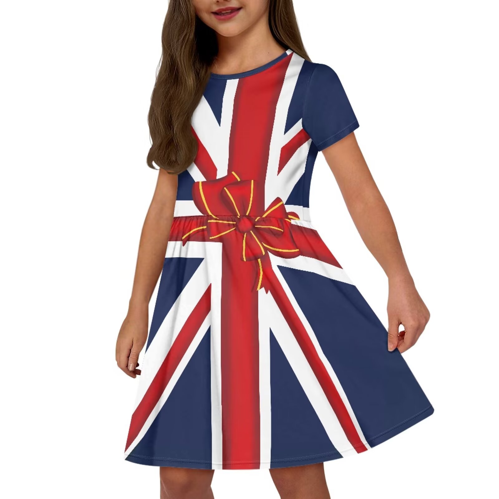 Uourmeti British Flag Patriot Short Sleeve Dress for Girls Summer Swing Party Dresses Casual Soft Crewneck Midi Lightweight Soft Knee A-Line Dress with Pockets