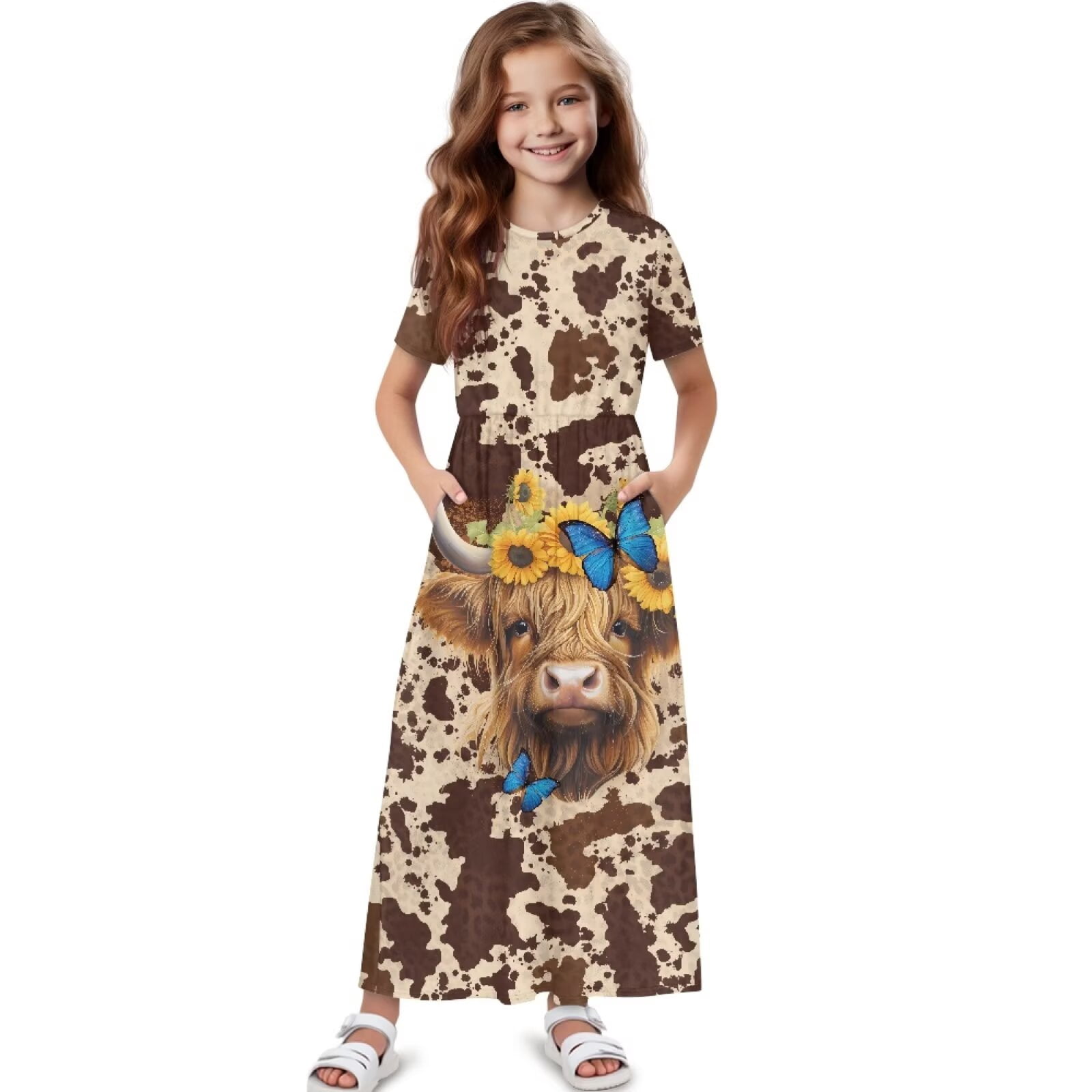 Uourmeti Brown Highland Cow Print Girls Summer Short Sleeve Dress Crew Neck Loose Casual Flowy Tiered Maxi Dress with Pockets Cute Clothes, Size 13-14 Years
