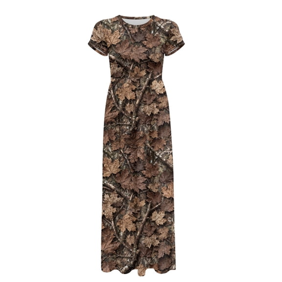 Uourmeti Brown Leaf Camo Pattern Short Sleeve Maxi Dress, Round Neck Crew Neck Loose Fit Long Dress Skin Friendly Women Long Maxi Dress for Holiday Weekend Party