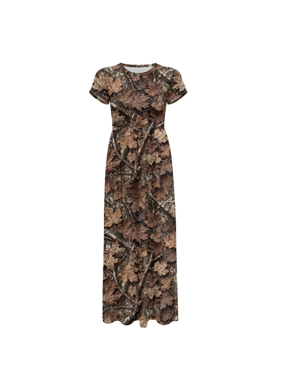 Brown Leaf Camo Pattern Short Sleeve Maxi Dress, Round Neck Crew Neck Loose Fit Long Dress Skin Friendly Women Long Maxi Dress for Holiday Weekend Party