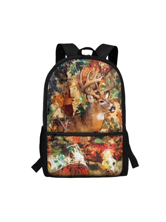 Buck Deer Camo Print Adjustable Shoulder Straps Backpack, 17 Inchs Personalized School Backpack Stylish Polyester Backpack for Adults