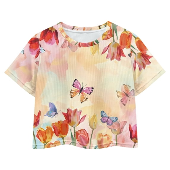 Uourmeti Butterfly Crew Neck Short Sleeve T-Shirt Summer Short Athletic Pullover Tulips Casual Soft Crop Top for Girls 5-14Y