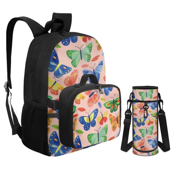 Uourmeti Butterfly Garden 3Pcs Boys Backpacks with Lunch Box Water Bottle Sleeve Kids Backpack for Boys School Backpack Portable Lunch Bag Large Capacity Waterproof Bookbag