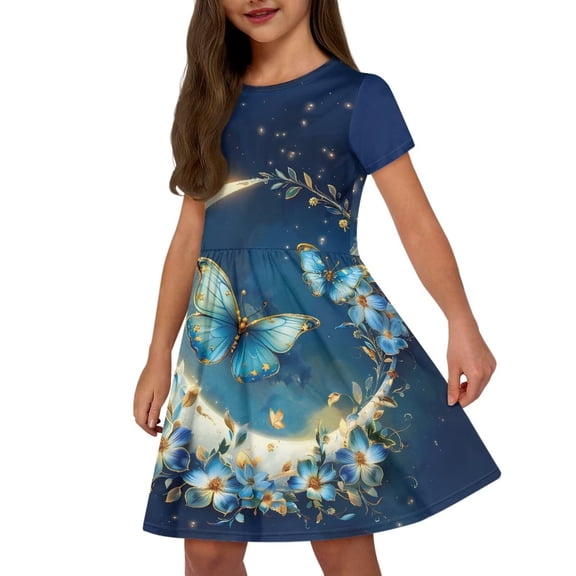 Uourmeti Butterfly Short Sleeve Dress for Girls 5-6Y Summer Soft Crew Neck Midi Dresses Moon Flower Casual Swing Dress with Pockets
