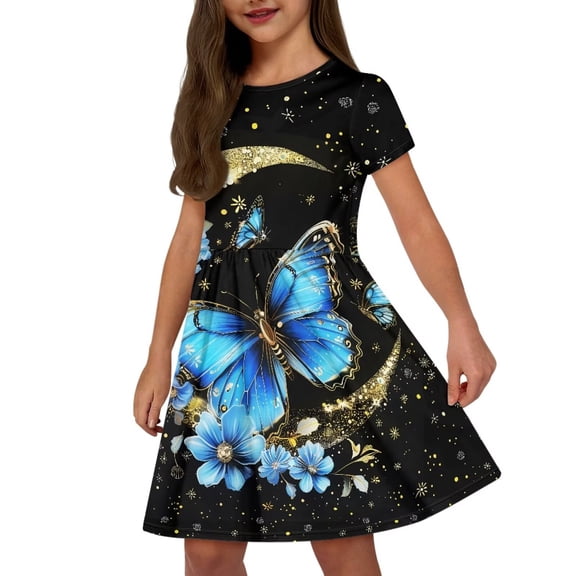 Uourmeti Butterfly Short Sleeve Swing Dress for Girls 2-14Y Summer O Neck Knee A-line Dresses Flower Moon Casual Loose Sundress with Pockets