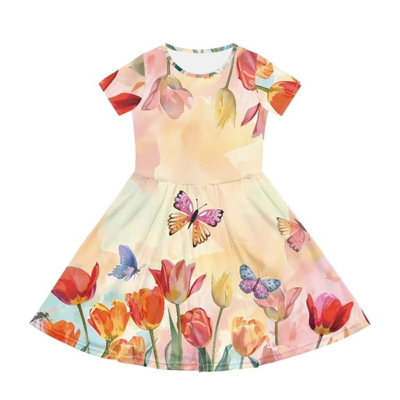 Uourmeti Butterfly Summer Short Sleeve Dresses for Teen Girls Casual Crew Neck Midi Dress Tulips Lightweight Soft Swing A-Line Dresses Wedding Party Dress