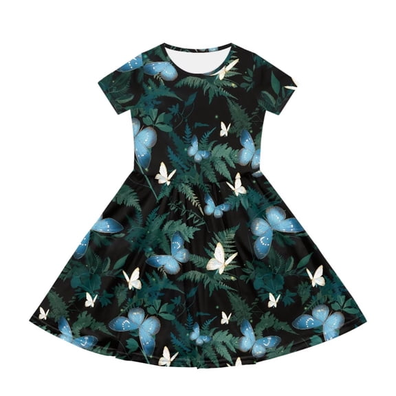 Uourmeti Butterfly Swing Dress for Girls Summer Crew Neck Short Sleeve Midi Dress Casual Loose Beach Dresses with Pockets Size 7-8