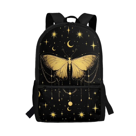 Uourmeti Butterfly and Moon Pattern Daypack, Large Capacity School Bag 17 Inchs Smooth Zipper Polyester Backpack for Travel Tourism