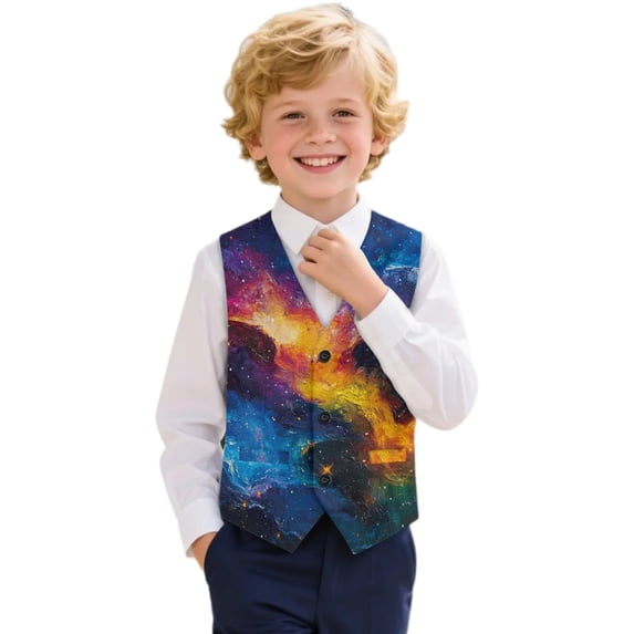 Uourmeti Button Up Kids Suit Vest Breathable Material Single Breasted Polyester Formal Suit Vest, Galaxy Nebula Art