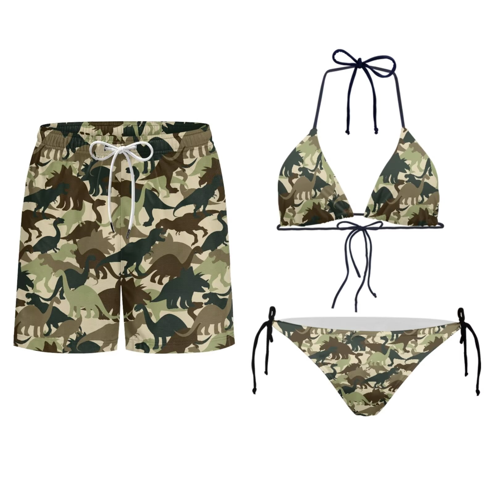Uourmeti Camo Dinosaur Green Print Husband and Wife Matching Swimsuits Camouflage Matchable Couples Hawaiian Outfits Summer Beach Bikini Set for Women Mens Swim Trunks