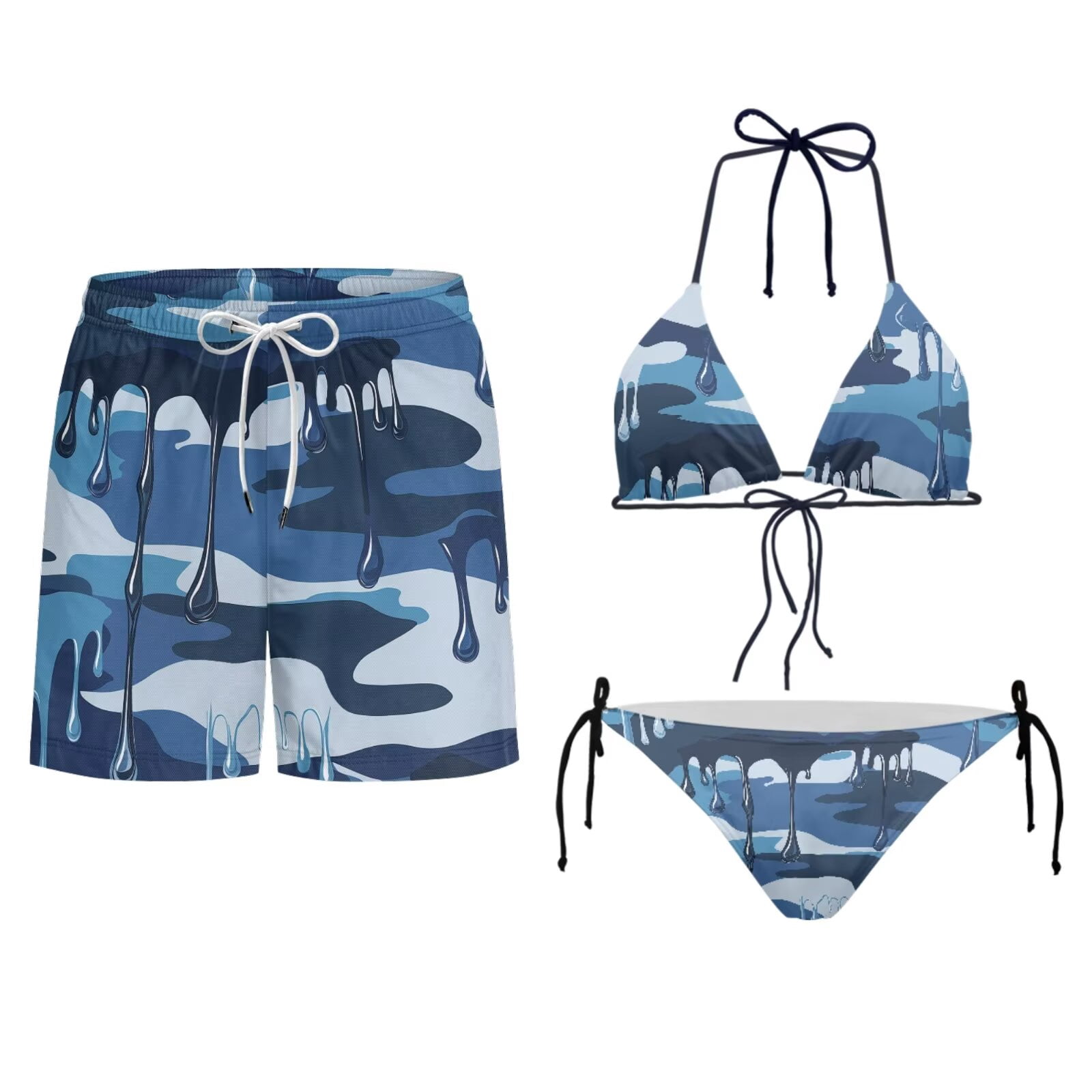 Uourmeti Camo Drip Blue Bikini Sets for Women Mens Swim Trunks Matching Swimsuits for Couples Tropical Vacation Summer Beach Swimwear Camouflage Summer Bathing Suit