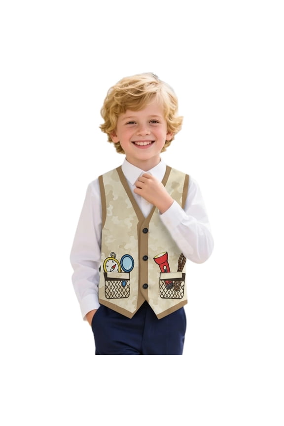 Camo Explorer Pocket Print Polyester Fabric Boys Formal Suit Vest Non Shrink V Neck Kids Stylish Formal Vest for Young Boys