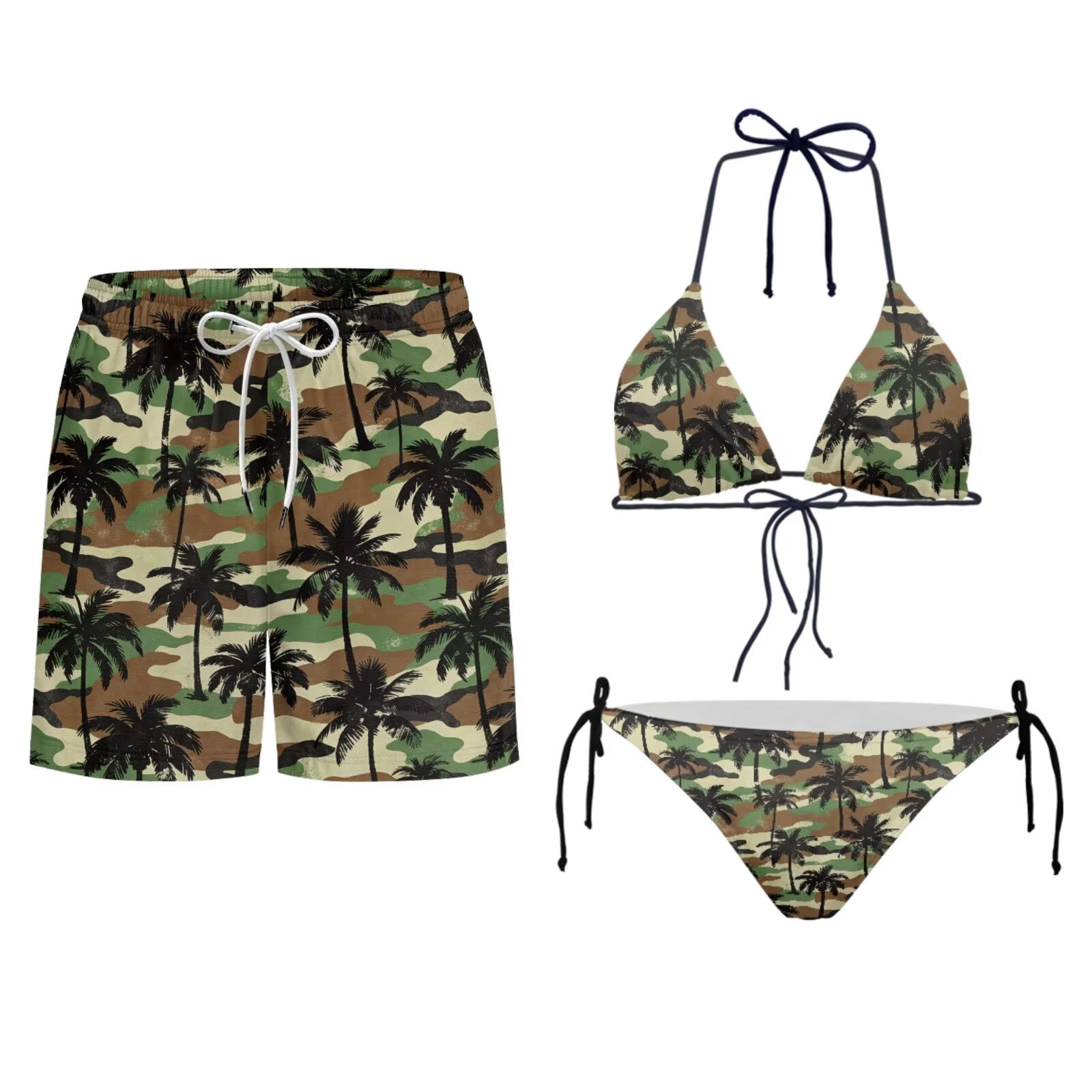 Uourmeti Camo Green Palm Matching Swimsuits for Couples Camouflage Thong Bikini Set Womens Swimwear Mens Board Shorts Swim Trunks Summer Vacation Bathing Suit