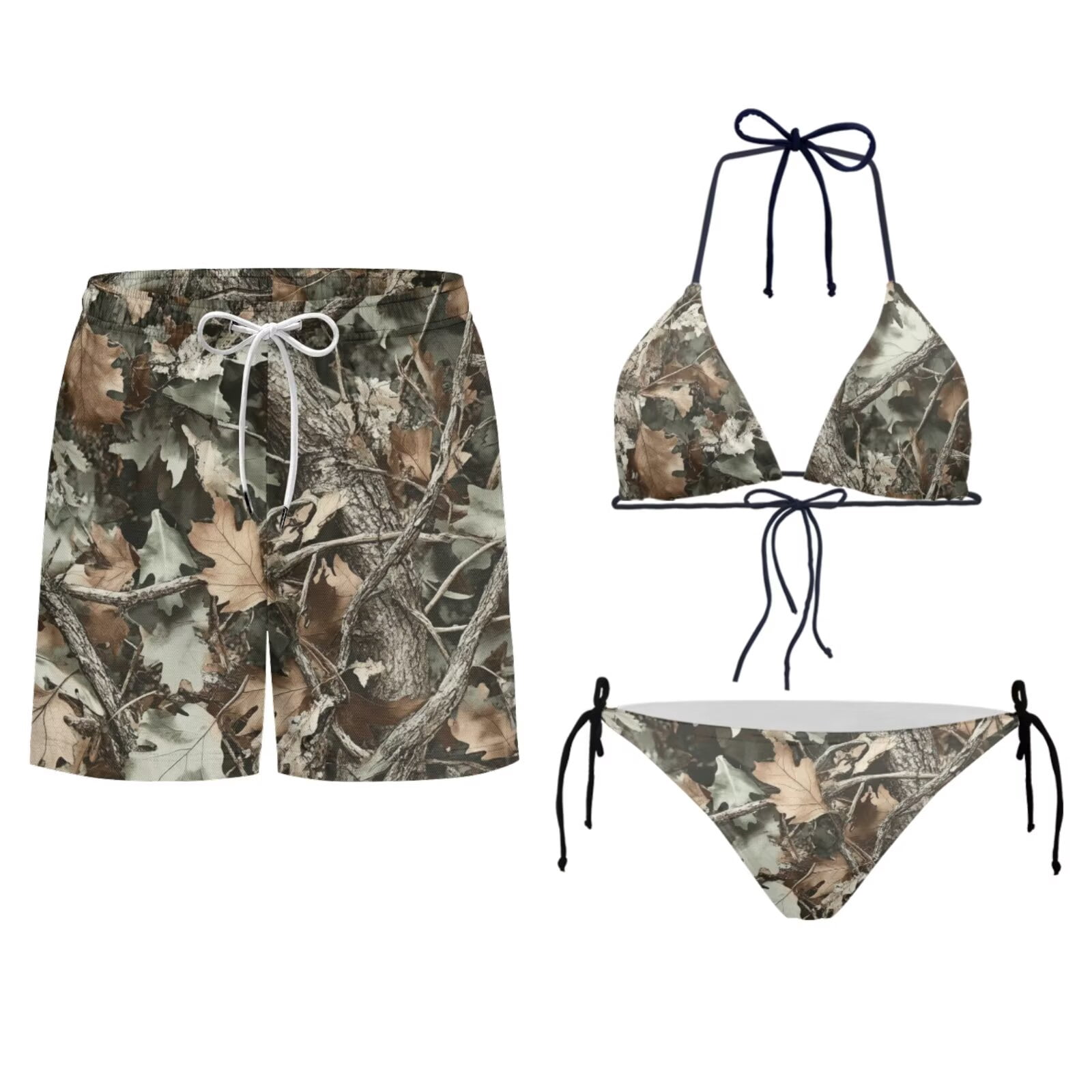 Uourmeti Camo Hunting Dry Leaf Print Matching Swimsuit for Couples Women Two Piece Bikini Set Mens Swim Trunks Board Shorts Comfort Summer Beach Matchable Bathing Suit Hawaii Beachwear