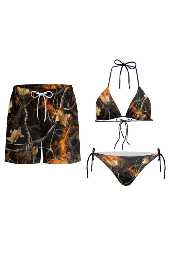 Camo Hunting Flame Print 2 Piece Bikini Sets for Women Mens Camouflage Swimming Trunks Couples Matching Swimsuit for Vacation Comfort Soft Matchable Couples Hawaiian Swimwear