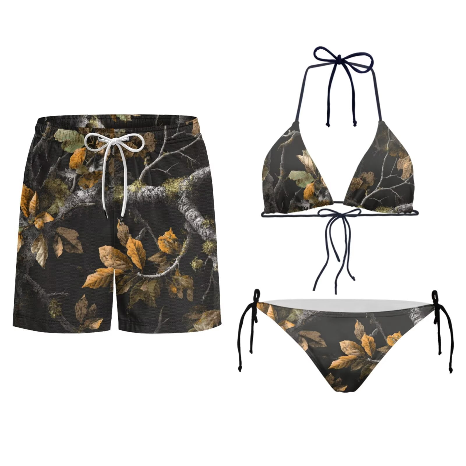 Uourmeti Camo Hunting Leaf Print Womens Bikini Swimsuits Mens Swim Trunks Matching Swimsuit Camouflage for Couples Summer Beach Bathing Suit Hawaii Couples Swimwear for Vacation