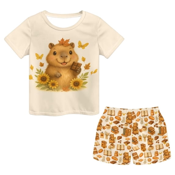 Uourmeti Capybara Book for Girls Loungewear Suit Short Sleeve Clothing Sets Summer Soft 2 Piece Set Casual Cute Tank Tops with Elastic Waisted Shorts Side Pockets Comfy Kids Outfits