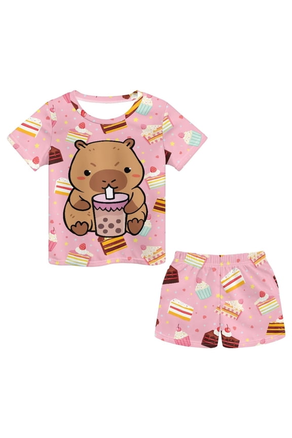 Capybara Bubble Tea Short Sleeve Set for Girls Casual Comfy Cap Tops Soft 2 Piece Sets with Elastic Waisted Pants with Side Pockets Set for Tennis Sports Kids Active