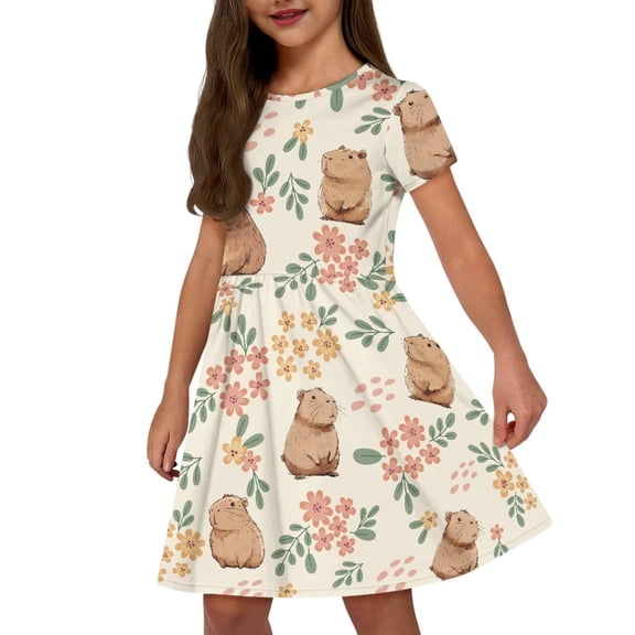 Uourmeti Capybara Girls Short Sleeve Swing Dresses Kids Cute Crew Neck Midi Summer Soft Knee Length A-Line Dress Beach Dresses with Pockets