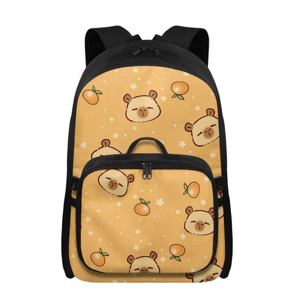 Uourmeti Capybara Orange Kids Backpack with Lunch Box Attached 2 in 1 Bookbag for Boys Ages 6-8 17 Inch Large Capacity School Bookbag with Front Pocket